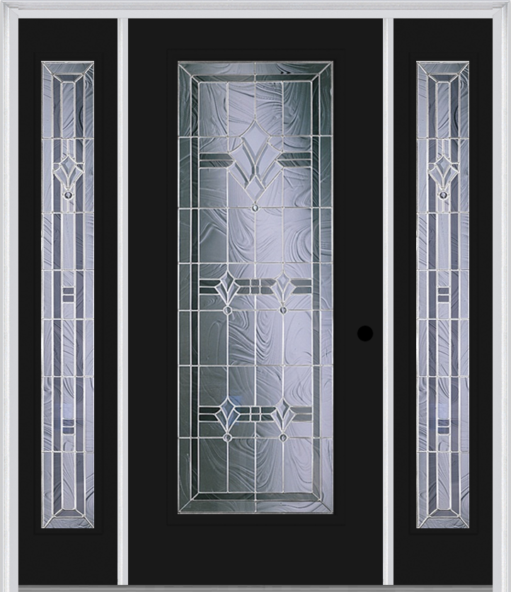 MMI Full Lite 6'8" Fiberglass Smooth Radiant Hues Nickel Exterior Prehung Door With 2 Full Lite Radiant Hues Nickel Decorative Glass Sidelights 686